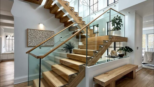 Wooden stairs with glass rails in a bright modern house. 