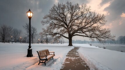 Naklejka premium Winter Serenity Snow-Covered Park Bench Beneath Majestic Tree Tranquil Landscape Evening Light