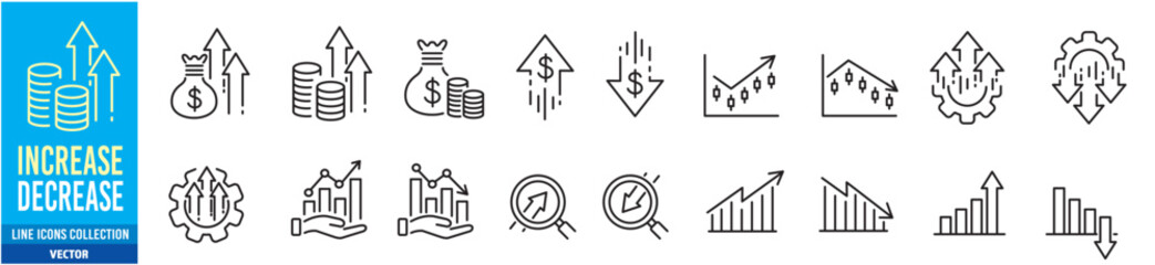 Increase decrease icon set. Editable line icon collection.
Vector illustration. 