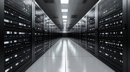 A modern data center corridor with rows of servers and bright overhead lights, showcasing advanced technology