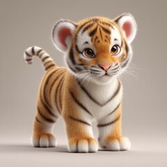 An adorable 3D rendered baby tiger cub stands on a neutral background showcasing its realistic fur texture and endea expression perfect for children's books illustrations and