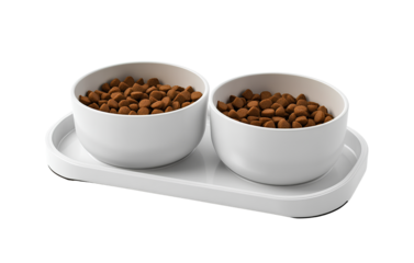 A simple, cute pet bowl with two bowls filled with cat food on top of an empty plastic tray, isolated on a transparent background