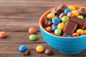 Colorful Candies and Chocolate Pieces in a Blue Bowl