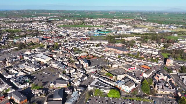 Aerial video of Residential homes and business in Coleraine Town Co Antrim and Derry Northern Ireland