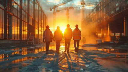 A silhouetted construction crew walks towards a radiant sunset on a construction site, showcasing unity and dedication.