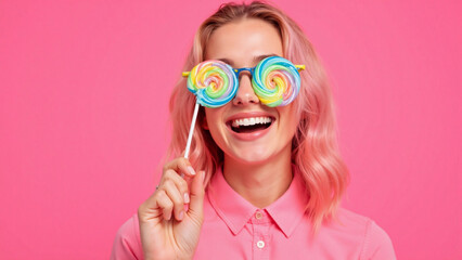 Woman with Lollipops as Glasses