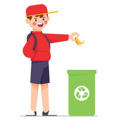 Cute Boy Throwing Trash in Recycling Bin