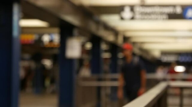 New York City, Manhattan. Defocused subway station interior, underground metropolitan transfer. Public metro transport. Railway change hub, passenger traffic junction. People in NYC, United States.