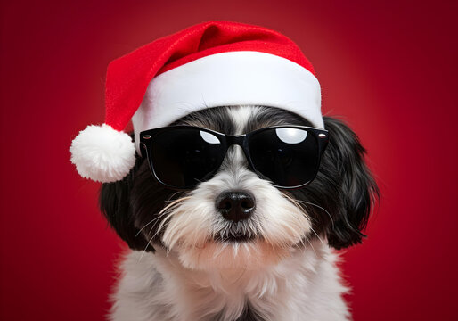 cute shih tzu dog wearing santa hat and cool sunglasses on red background for christmas holiday themes
