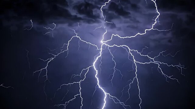 Dramatic lightning strikes in a stormy night sky