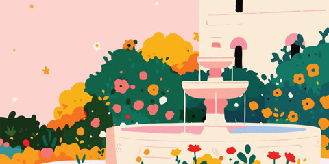 Obraz premium An inviting garden scene with a charming fountain, flourishing plants and colorful flowerbeds. Illustrating serene outdoor settings and nature's beauty.