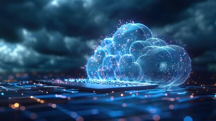 Fototapeta premium Futuristic cloud computing concept, abstract digital cloud over a laptop keyboard, glowing network, technology