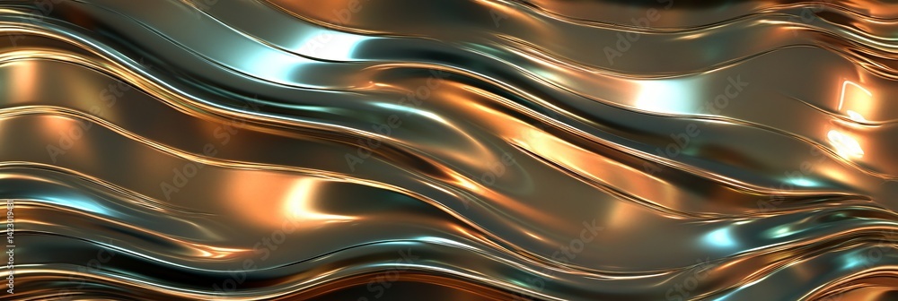 Poster Fluid metallic waves create a mesmerizing abstract background with shimmering reflections and intricate patterns