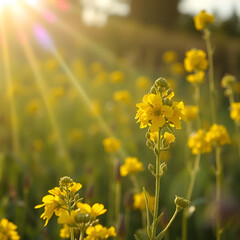 Obraz premium Yellow oilseed rape flowers in morning sunlight, morning, oilseed