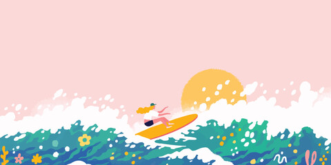 Fototapeta premium An illustration of a surfer gracefully riding a wave during a serene sunset, set against a gentle pink sky.