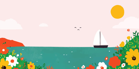 Obraz premium A charming illustration of a sailboat gracefully navigating through serene waters, embraced by a vibrant coastal scene, a symbol of journey and tranquility.