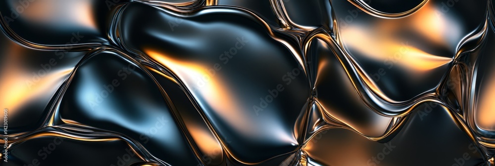 Poster abstract metallic surface with flowing contours reflecting warm light in intricate patterns