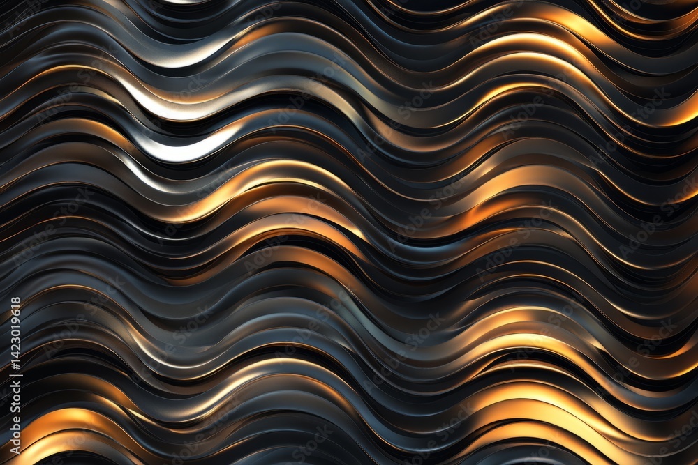Poster flowing metallic waves create a mesmerizing abstract composition with rich colors and intricate text