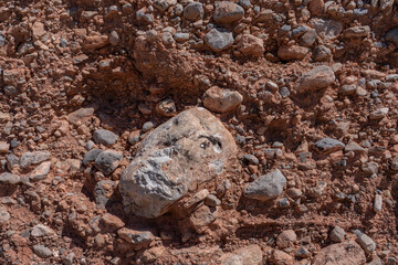 Gravelly basin fill alluvium, Calico Basin, Red Rock Canyon, Las Vegas, Clark County, Nevada. Mojave Desert.   dry stream bed / Intermittent, temporary or seasonal rivers. Fluvial terrace. gravel