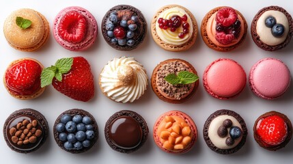 Colorful assortment of macarons with fresh fruits and cream on a white background