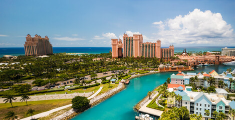 Panoramic view of colorful buildings and resorts at Paradise Island in Nassau, Bahamas.