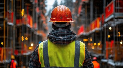 Fototapeta premium Construction worker stands amidst scaffolding, focused on the task ahead.