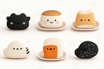 Cute food characters, 3D render, various shapes and colors, smiling faces
