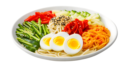Colorful noodle dish with eggs and vegetables appetising healthy food photography for menus and websites