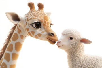 Obraz premium Adorable baby giraffe and lamb share a tender moment, showcasing their unique bond and innocence.