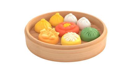 Colorful steamed buns in wooden steamer basket delicious asian food photography