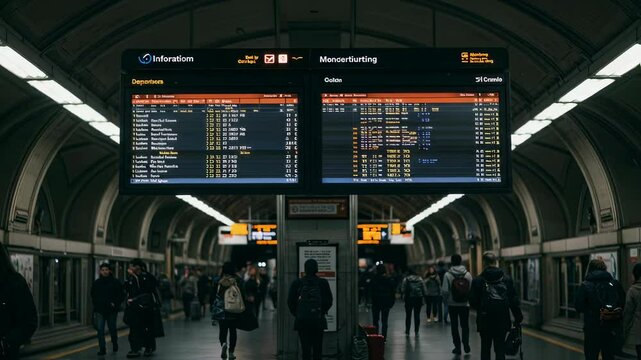 People walking past a departure board at a train station. Travelers checking schedules on the informative display. Public transportation and commute scene video footage for travel and tourism.