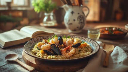 Traditional Moroccan tagine with couscous and seafood, main dish for lunch or dinner, international cuisine dishes, AI generated
