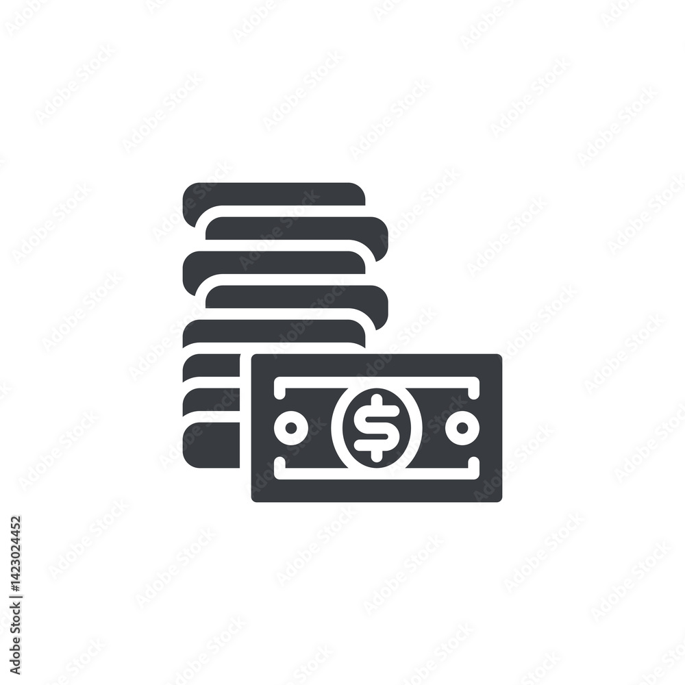 Poster stack of coins and a single dollar bill vector icon
