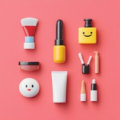 Beauty Essentials: An overhead shot displays a collection of essential beauty products, from brushes to bottles, presented on a vibrant background, emphasizing freshness and cleanliness