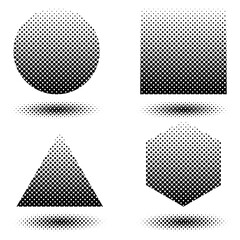 Set of halftone geometric shapes circle, triangle, square and hexagon with fading black dots and shadows on white background.