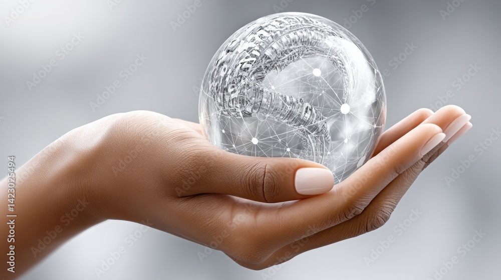 Poster a hand holds a transparent globe featuring network patterns, symbolizing connectivity and technology