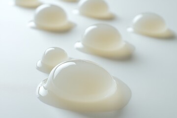 Close-up of several translucent, spherical blobs of a viscous, creamy substance on a white background.
