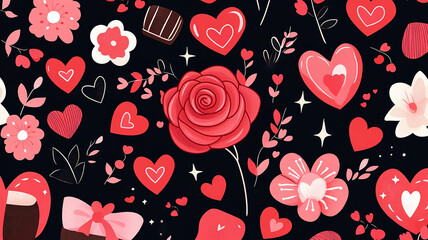 Fototapeta premium seamless background with hearts and a rose in center made with generative AI