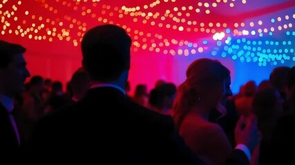 Silhouetted couple at a party with colorful bokeh lights in the background.  Romantic and mysterious atmosphere. - Powered by Adobe