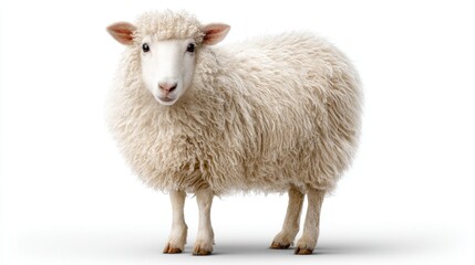 A fluffy white sheep stands calmly, showcasing its thick wool and gentle demeanor, embodying the charm of farm animals.