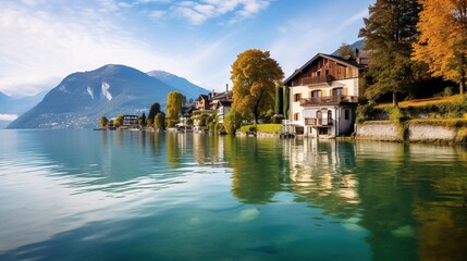 Naklejka premium Lakefront Houses in Switzerland