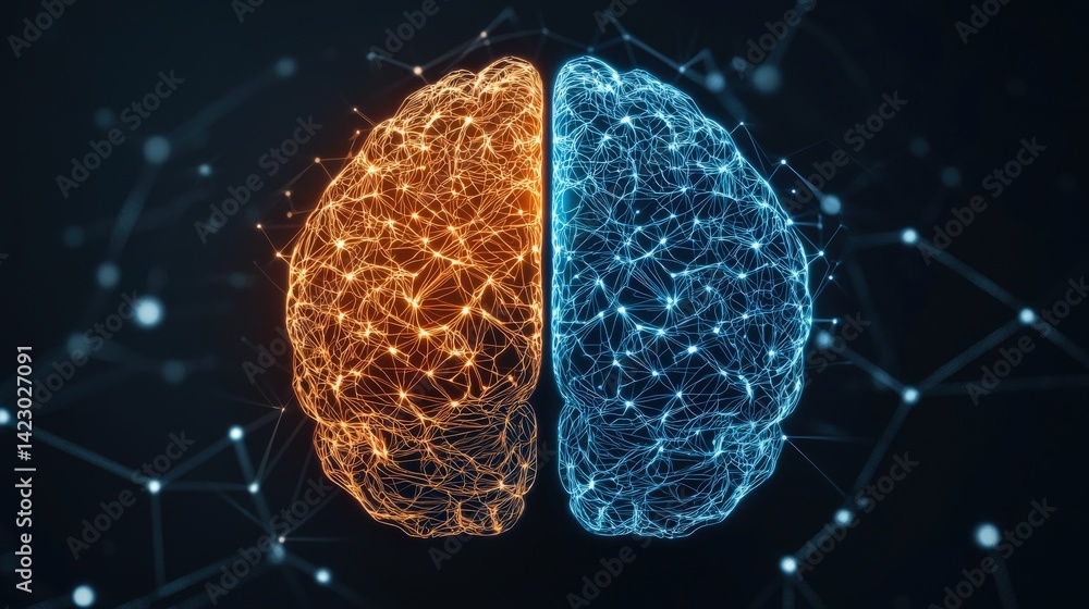Poster a digital representation of a brain, split into orange and blue sections, interconnected by glowing 
