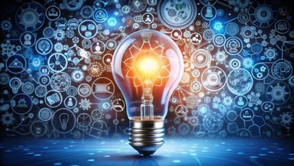 Lightbulb Surrounded by Digital Icons Like Graphs and Charts