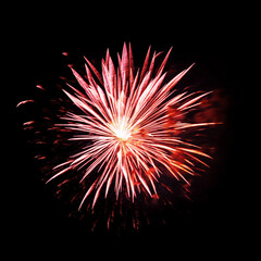 Colorful celebration fireworks isolated on black sky background.