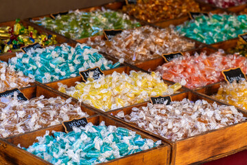 Assortment of natural fruit candies, in a market of natural and organic products