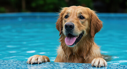 Golden retriever dog happily swims in cool blue pool, paws resting on pool edge