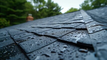 close-up detail, a rooftop gleams under the soft glow of rain. The asphalt shingles reflect the overcast sky, evoking a sense of calm and tranquility. 