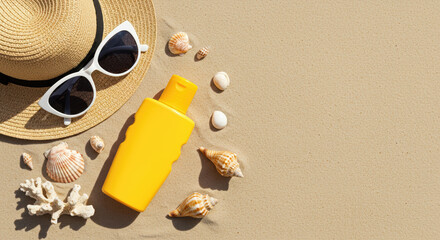 Beach essentials: hat, sunglasses, sunscreen on warm sand. Ready for beach fun