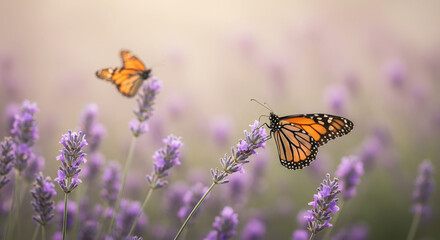 Obraz premium Two Monarch butterfly on lavender flowers in soft light. Peaceful butterfly scene
