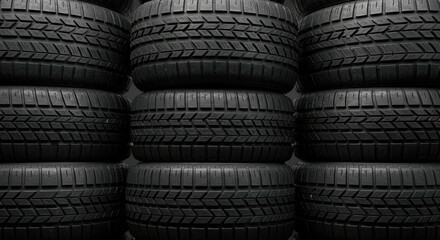 Obraz premium Stacked new car tires create dark pattern. Automotive service tires, store tires